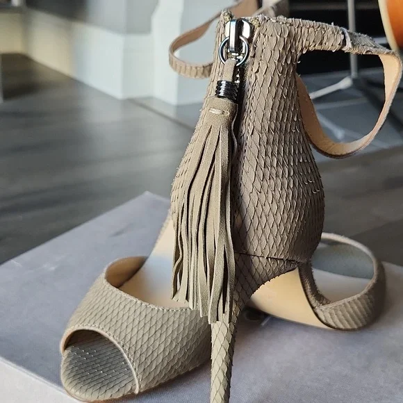 NWT BOTKIER | Anna Suede Tasseled Stiletto Heels - Olive Snake - Picture 5 of 7